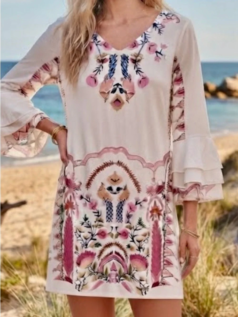 Women's dress with Cream with Pink Floral Print - Picture 1 of 7